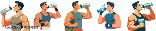 Athletic Man Drinking Water Vector Illustration Set