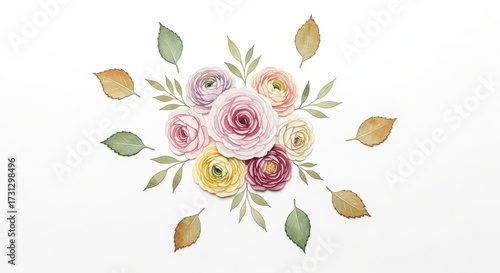 Watercolor Floral Arrangement with Leaves on White Background
