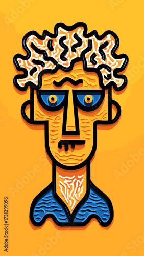 This vibrant abstract portrait features a stylized human face split into two contrasting color halves, with intricate swirled patterns adorning the hair and face. The left side of the face is dominate