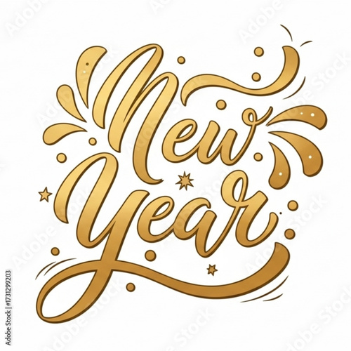 Elegant golden New Year's greeting calligraphy with sparkling festive elements, perfect for seasonal celebrations, holiday designs, and warm wishes for a prosperous beginning