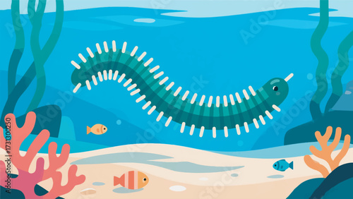 Illustration Of Polychaeta Sea Worms Swimming In Shallow Sea Sand With Small Fish Vector Design Template
