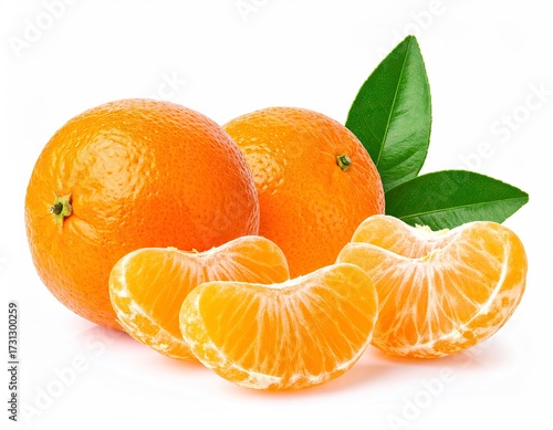 Fresh and Juicy Mandarins with Green Leaves on White Background.