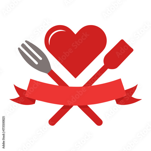 Heart and utensils with red ribbon emblem