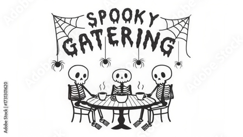 Three skeletons at a round table drinking coffee under spooky gatering banner with spider webs and spiders