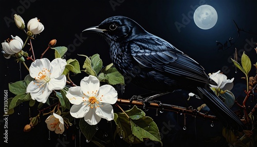 Black bird perched on a branch with white flowers under a full moon.