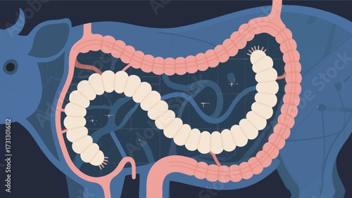 Illustration Of A Tapeworm In The Intestines Of A Livestock Animal With Anatomical Details Vector Design Template