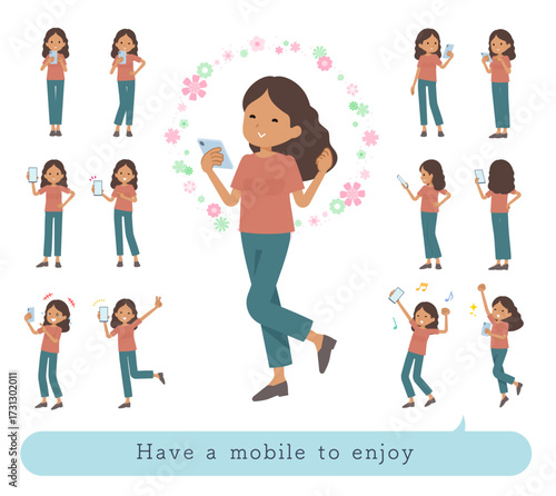 スマホを使って楽しむ褐色肌女性のセット