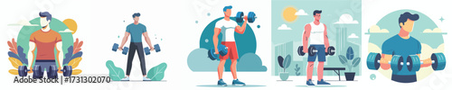 Athletic Man Lifting Dumbbells Flat Vector Illustration