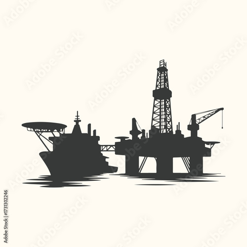 Vector art of silhouette of an oil rig and a support vessel docked together at sea, representing offshore energy exploration and production operations in a stark, graphic style