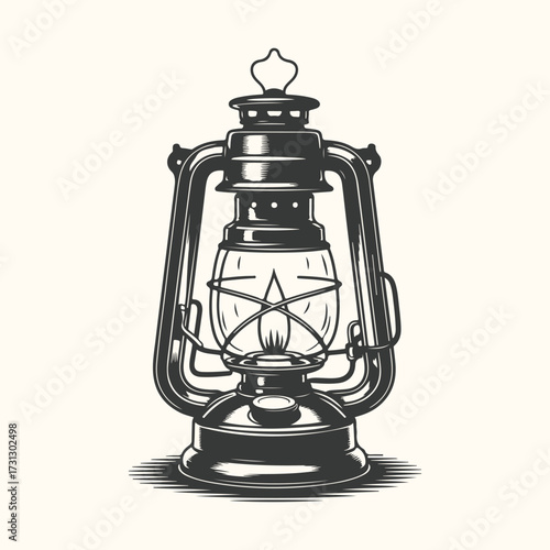 Vector art of vintage kerosene lantern with a lit flame, isolated on a light cream background, evoking a sense of nostalgia and rustic charm, perfect for historical or camping themes