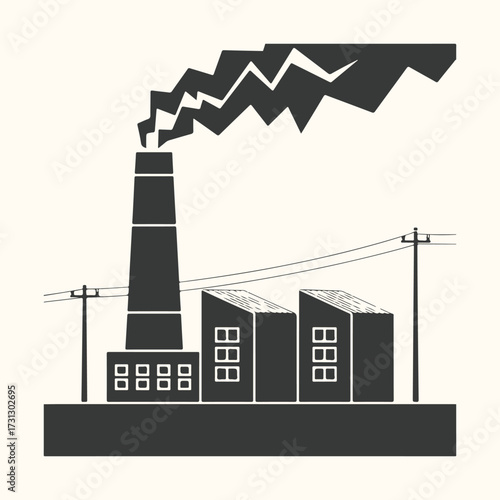 Vector art of stylized illustration of a factory with a tall smokestack emitting jagged smoke, representing industrial pollution and manufacturing, set against a neutral background