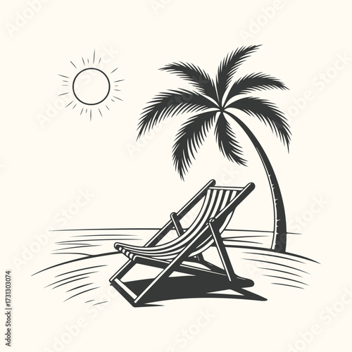 Vector art of vintage illustration of a sun lounger under a palm tree on a beach, with the sun shining brightly, evoking a sense of tropical relaxation and summer vacation
