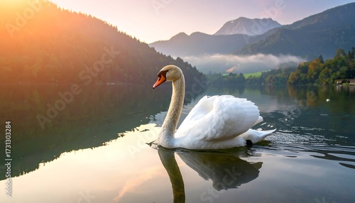 Fototapeta Naklejka Na Ścianę i Meble -  Serene swan glides on calm lake at sunrise, majestic mountains in background