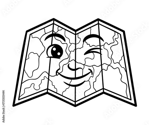 Cheerful winking cartoon map character, a happy guide for adventure and exploration