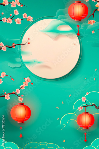 Mid Autumn Festival Background with Full Moon, Red Lanterns and Blossom Branches