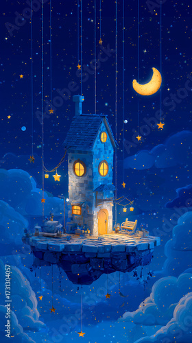 Dreamy Fairytale House Hanging From Crescent Moon