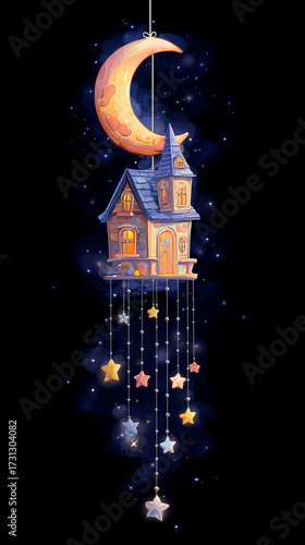 Fantasy Moon and Floating House Hanging Star Mobile Illustration