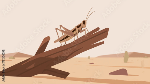 Illustration Of A Desert Locust Perched On A Dry Log In The African Desert Vector Design Template