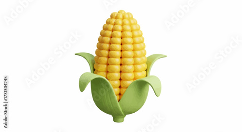 Bright yellow corn on the cob with green husks and kernels in a healthy food illustration and graphic design
