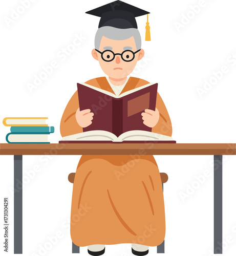 An elderly graduate, wearing cap and gown, intently reads a large book at a desk.