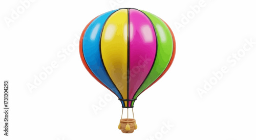 A Vibrant Hot Air Balloon Adrift Against a Pure White Background Showcasing Its Multicolored Panels and Woven Basket Gondola a Symbol of Adventure and Exploration