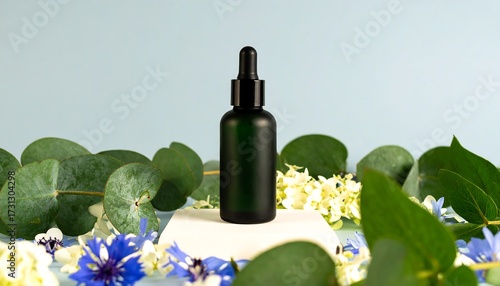 Dark green bottle with dropper, surrounded by eucalyptus leaves and flowers on a light platform