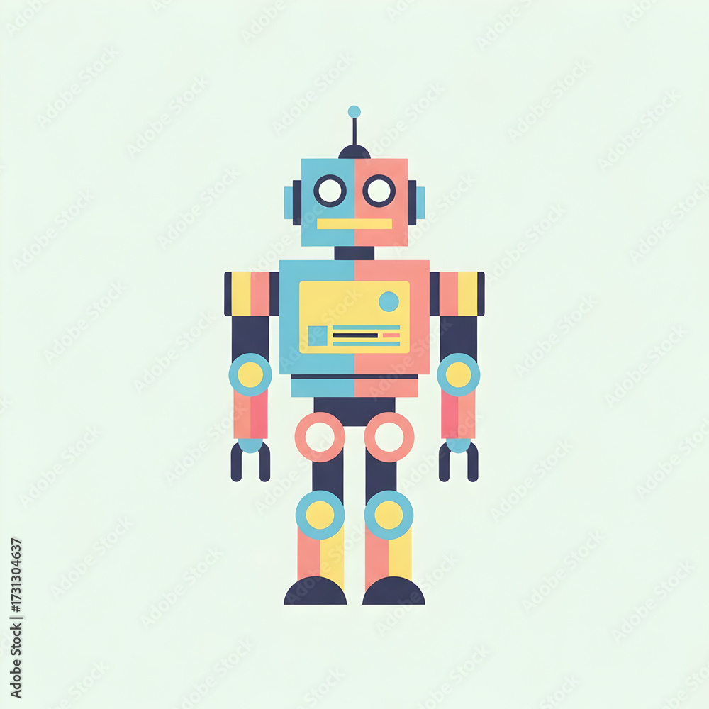 Fototapeta premium Standing Robot Illustration with Geometric Shapes in Bright Colors