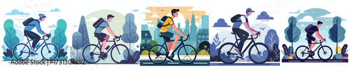 People Cycling with Backpack Outdoor Flat Vector Illustration