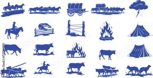 Vector icon set in a woodcut style depicting Western ranching and trail life.