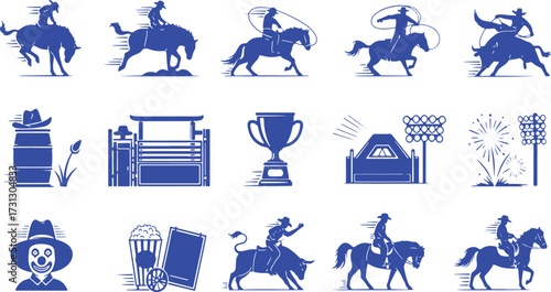 Vector icon set in a woodcut style representing rodeo and competitive Western sports.