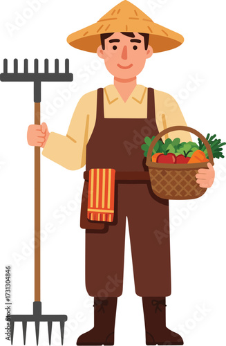 A smiling cartoon farmer in a conical hat holds a rake and a basket of fresh vegetables.