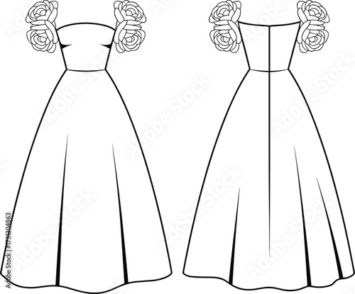 Fashion flat sketch, women evening dress, floral strap embellishment, floor length gown, fitted bodice flared skirt, garment technical drawing, CAD vector illustration