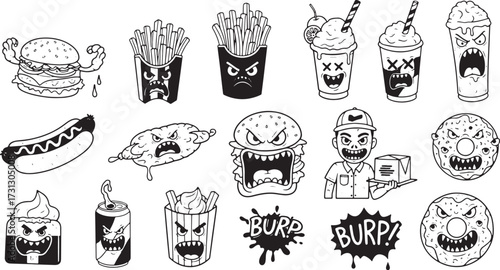 Cartoon fast food items with aggressive and monstrous faces burger fries