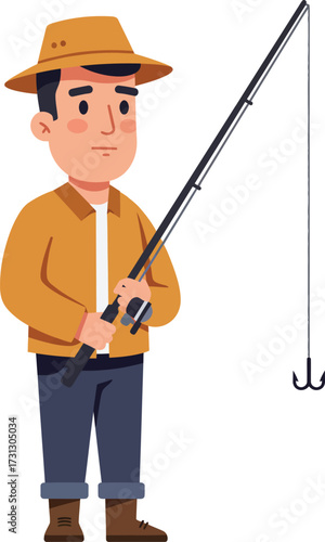 A man wearing a hat and jacket, holding a fishing rod with a hook, ready for angling.
