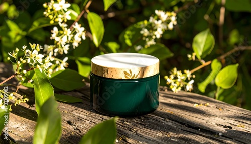 Dark green jar with white lid, surrounded by flowers and leaves