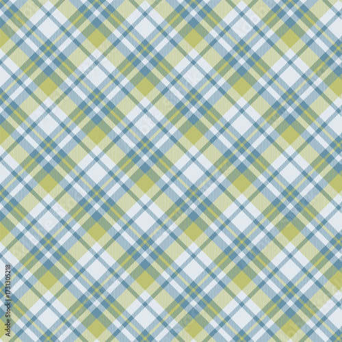 Seamless plaid fabric pattern in blue, white, and light green with a classic checkered design, perfect for textiles, fashion, and home decor.