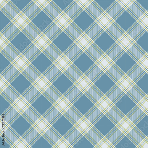 Seamless plaid fabric pattern in blue, white, and green with a classic checkered design, perfect for textiles, fashion, and home decor.