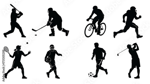 Sports Silhouette Icon Set – High-Contrast Figures of Baseball, Hockey, Cycling, Football, Tennis, Basketball, Soccer, and Golf