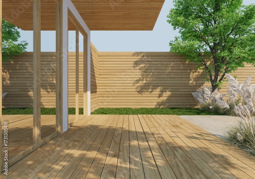 Fotografi 3D rendering of a modern outdoor empty wooden terrace with shaded by green trees, the surrounding area is decorated with trees, white grass flowers and natural sunlight in a minimalist garden