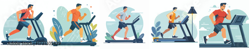 Man Running and Jogging on Treadmill Gym Workout Vector Illustration