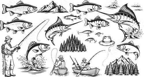 Fishing Adventure and Mountain Scenery Icons Keywords: fish, salmon, marlin, trout, pike