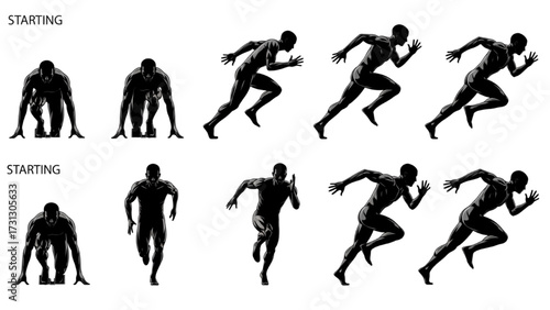Running Athlete Silhouette Sequence – Sprinting Poses from Start to Full Stride in Monochrome Vector Illustration