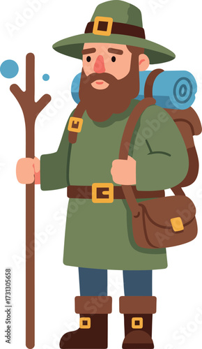 A cartoon fantasy adventurer with a beard, green outfit, backpack, and a magical staff.