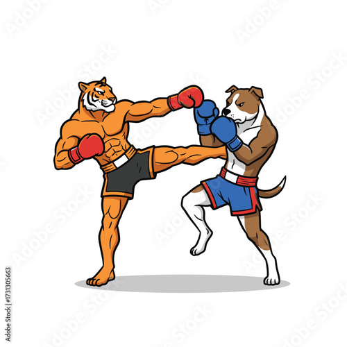 Cartoon of a tiger and a dog kickboxing in a boxing ring.