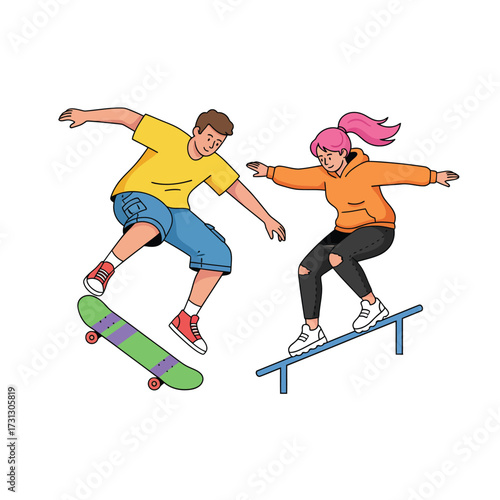 Illustration of a man skateboarding and a woman grinding on a rail.