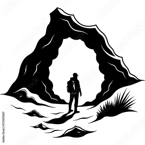 Sketchy emblem of Male tourist stands at the entrance to the cave. Engraving minimalistic vector in black ink drawing on transparent background