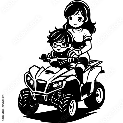 Sketchy sport emblem of Mom teaches her child to ride a quad bike at an amusement park. Engraving minimalistic vector in black ink drawing on transparent background