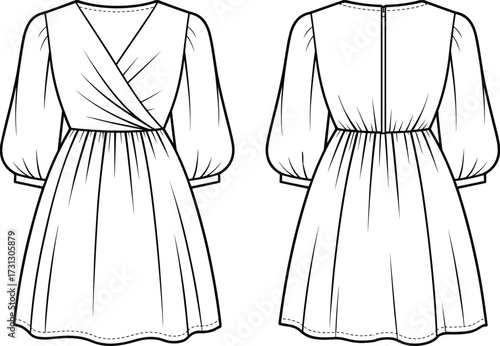 Fashion flat sketch, women wrap dress, puff sleeve design, V neck bodice, flared skirt silhouette, garment technical drawing, apparel template, CAD vector illustration