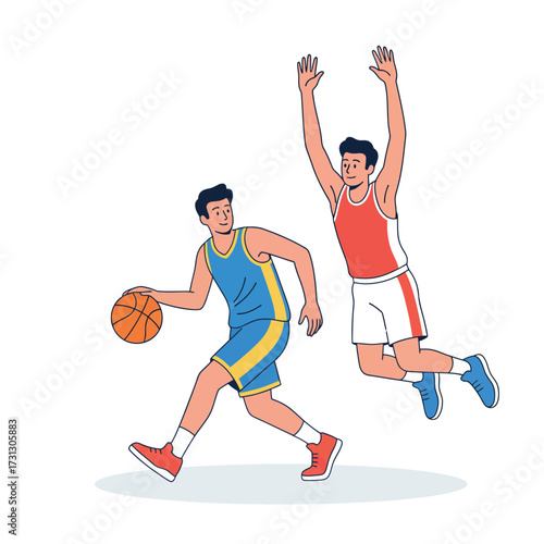 Two basketball players in action, one dribbling the ball, the other jumping to block.