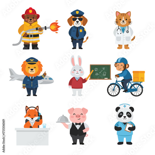 Cartoon animals in various professions: firefighter, police, doctor, pilot, teacher, delivery, receptionist, waiter, nurse.